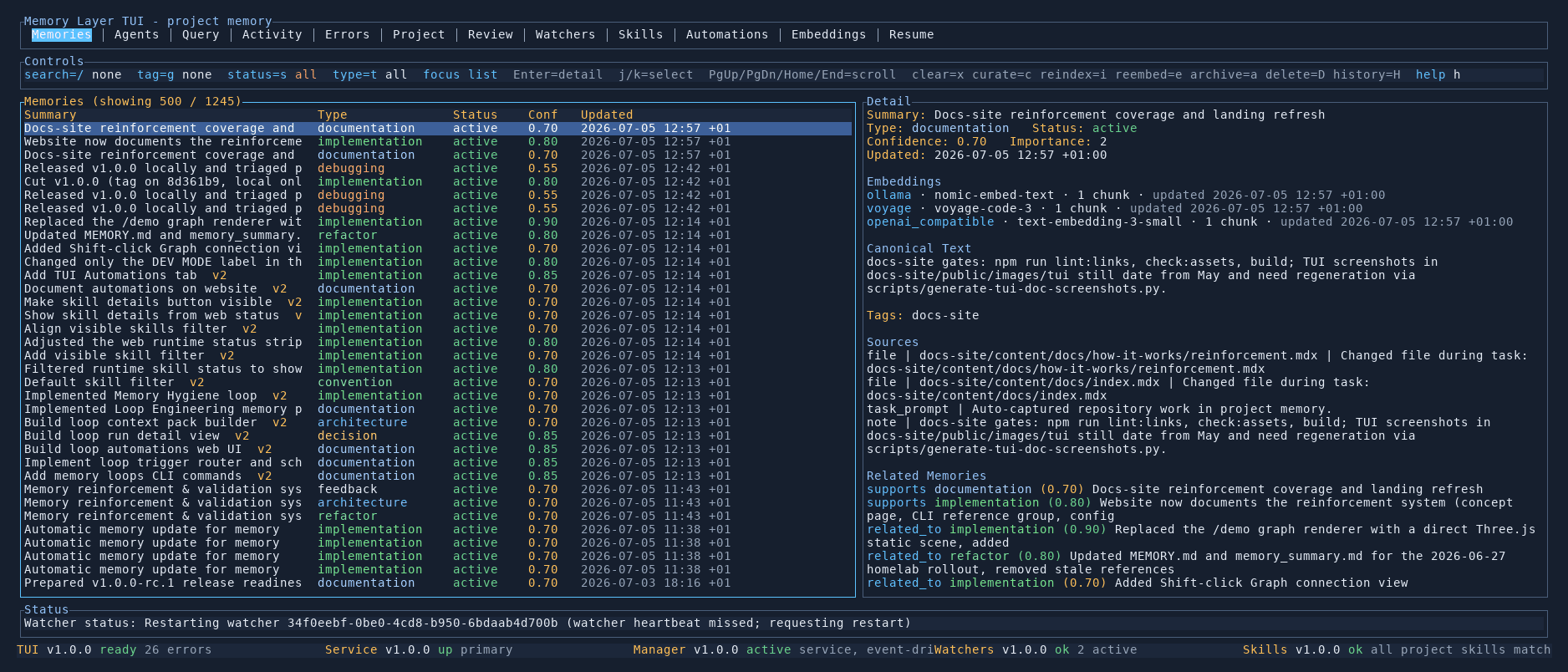 Memory Layer terminal UI overview