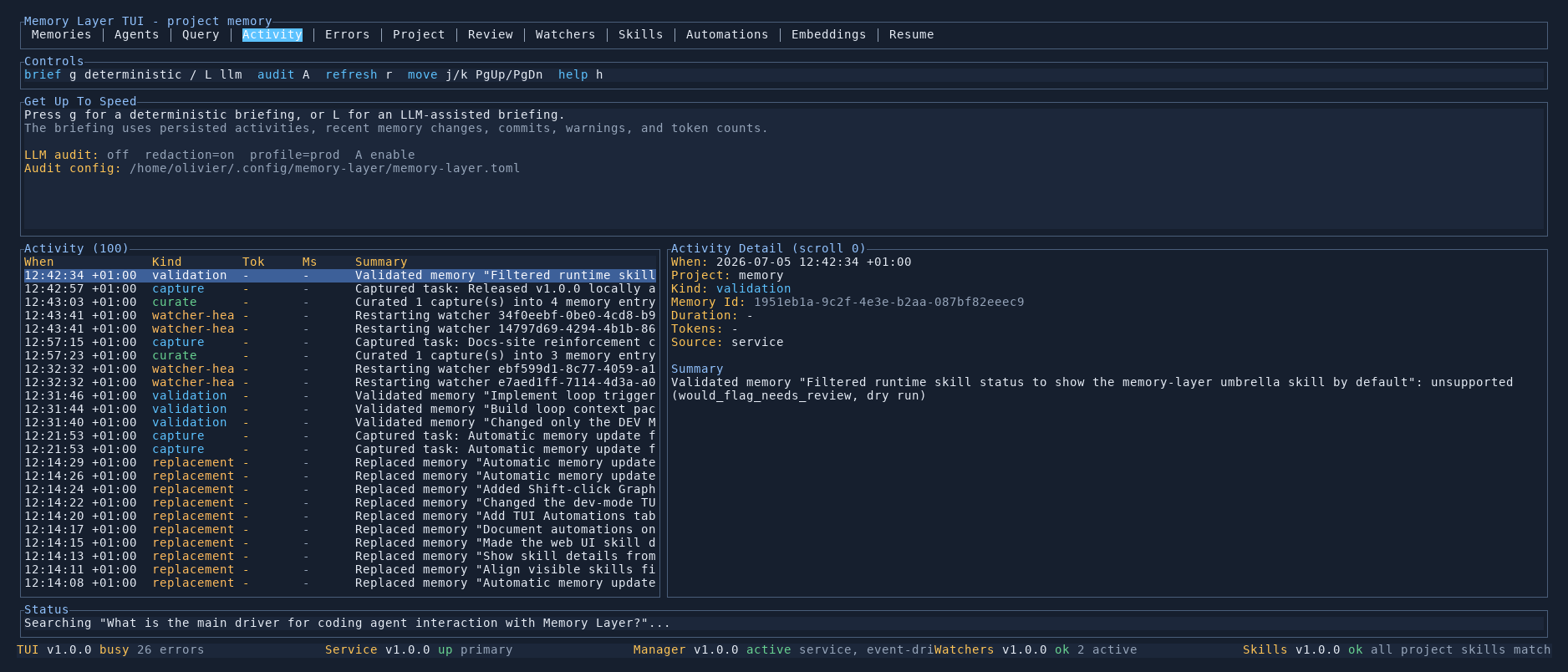 Memory Layer TUI Activity tab