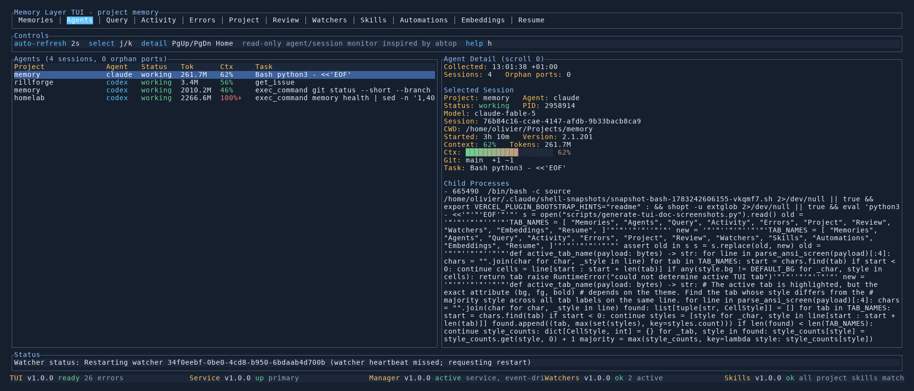 Memory Layer TUI Agents tab