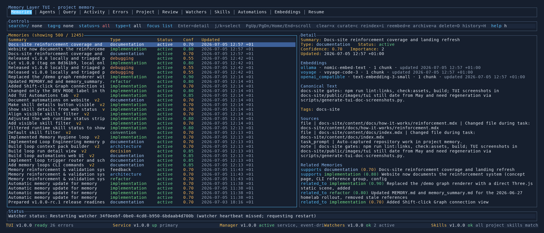 Memory Layer TUI Memories tab