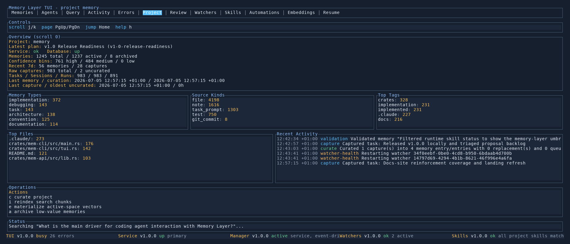 Memory Layer TUI Project tab
