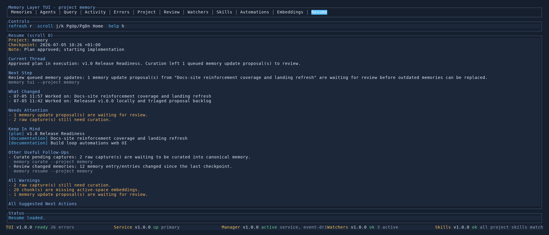Memory Layer TUI Resume tab