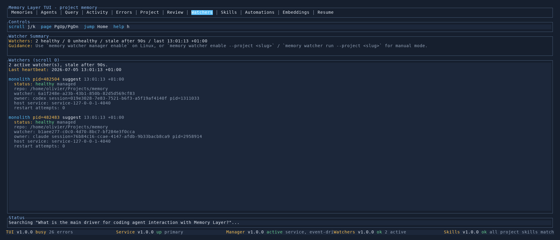Memory Layer TUI Watchers tab